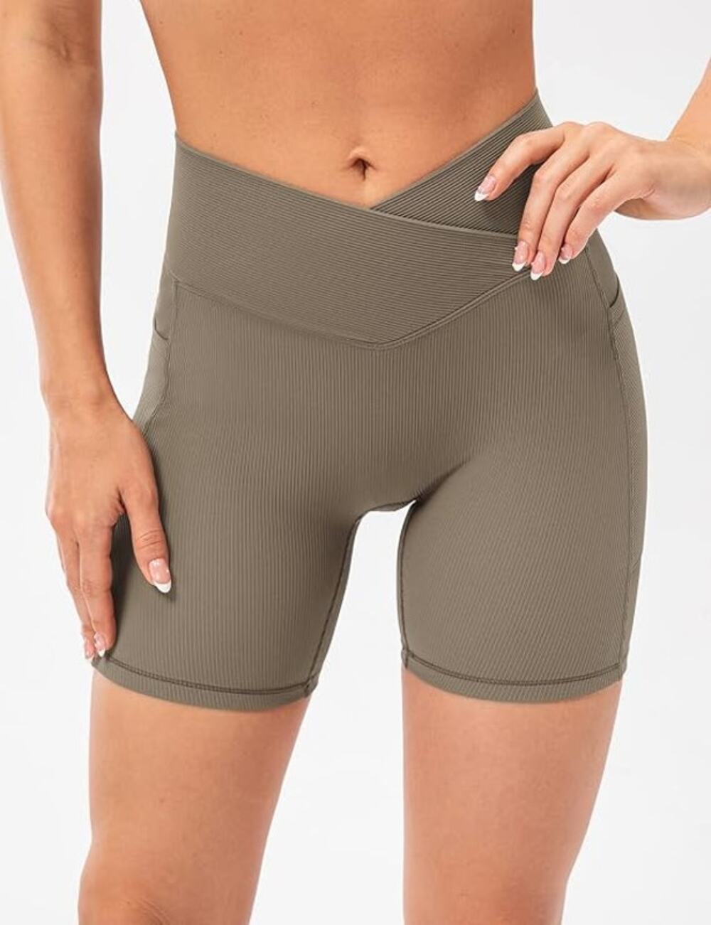 Lavento Crossover Ribbed Biker Gym Shorts w/ Pockets 6"  — Khaki, Women's Size 8